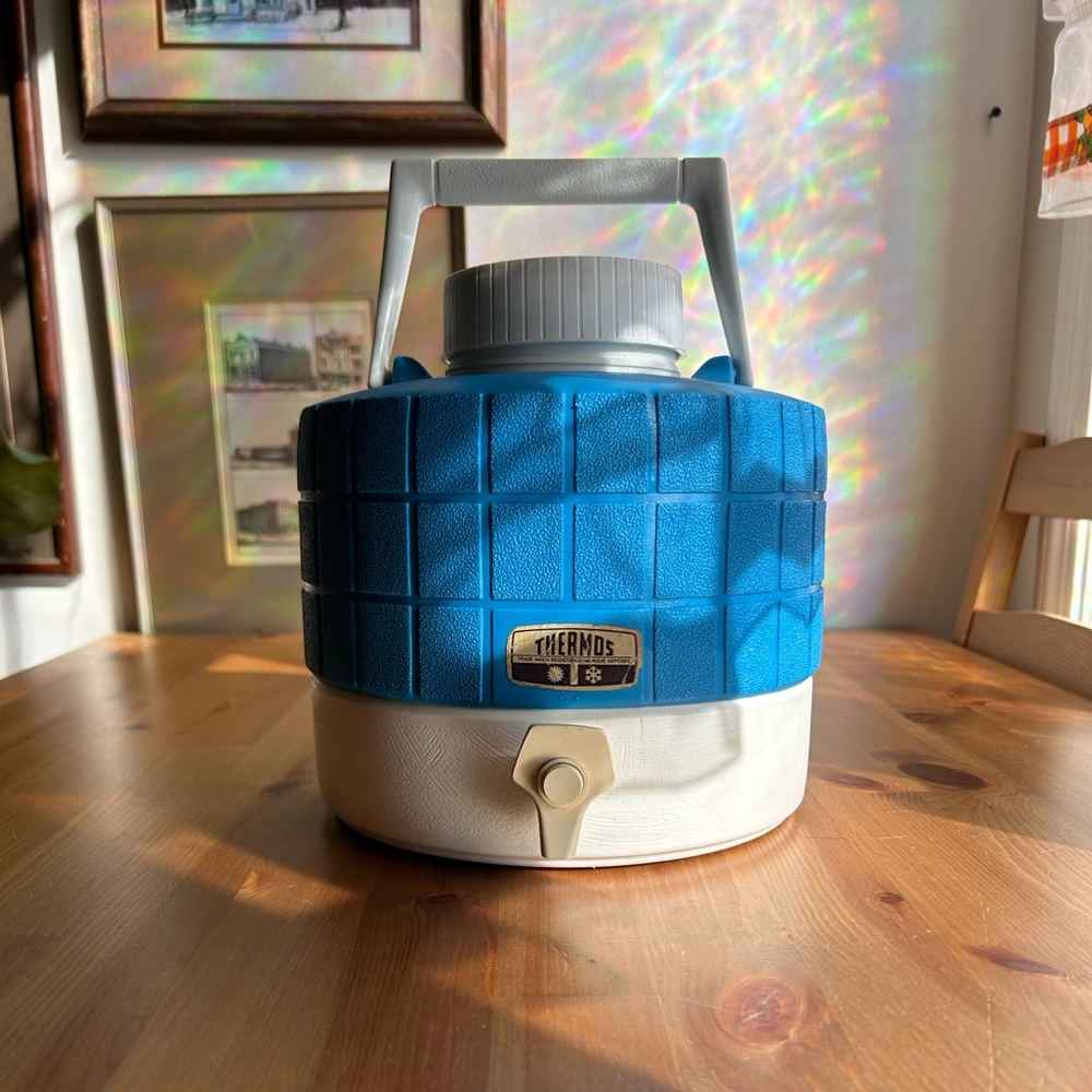 Vintage Blue and White Thermos Beverage Dispenser